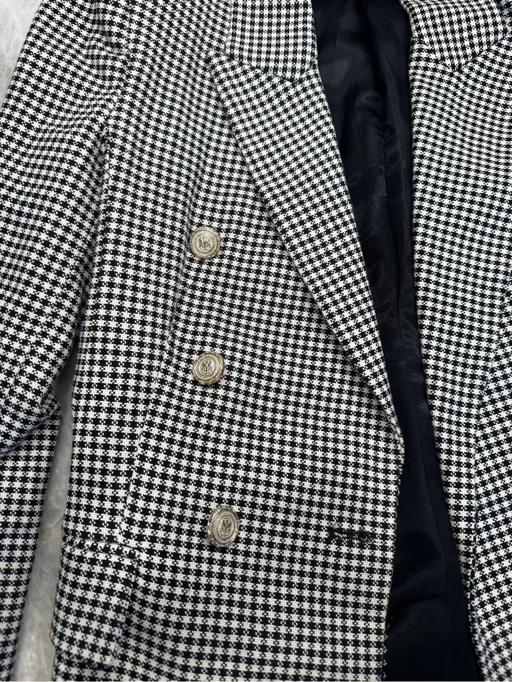 Zara Black & White Houndstooth Double Breasted Blazer Gold Button Jacket - Picture 2 of 6